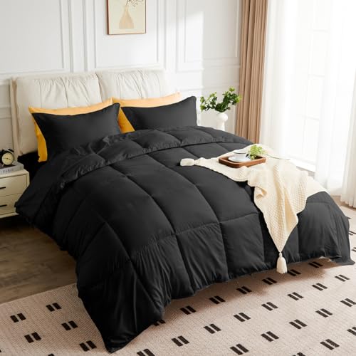 JOKOLO Queen Size Comforter Set - 3 Pieces, 1 Reversible Comforter and 2 Pillowcases,Soft Quilted Warm Fluffy Cooling Bedding for All Season,Black