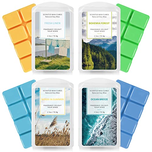 SCENTORINI Wax Melts, Wax Cubes, Soy Wax Cubes for Wax Warmer, Ocean Breeze, Fresh Linen, Bohemia Forest, Winds in Summer, 4 x 2.5 oz
