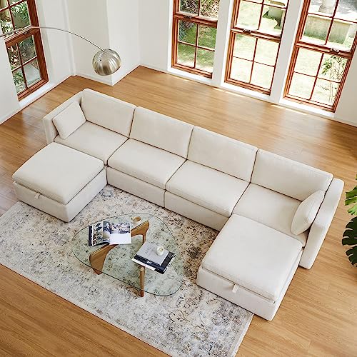 CHITA Oversized Modular Sectional Fabric Sofa Set, Extra Large U Shaped Couch with Reversible Chaise, 146 inch Width, 6 Seat Modular Sofa with Storage Ottamans, Beige