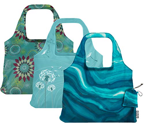 ChicoBag Vita Reusable Bag with Built-In Pouch and Carabiner Clip | Large-Capacity Shoulder Bag | Eco-Conscious Packable Tote | Variety 3pk - Calm, Dream, & Aqua Dandelion (Pack of 3)