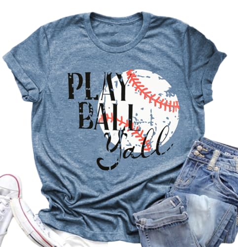 Baseball Mom T-Shirt Women Funny Cool Baseball Shirts Short Sleeve Graphic Tee Summer Tops Loose Casual (Medium, Blue)