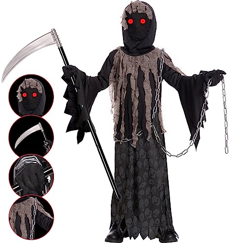 Lomesion Grim Reaper Costume for Kids Phantom Halloween Costume with Creepy Red Glowing Eyes, Skull Gloves Scythe included X-Large (12-14 yr)