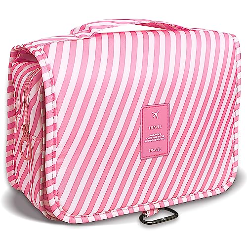 LAKIBOLE Travel Essentials Organizer Bag for Women Toiletry Bag Hanging Multifunction Cosmetic Bag Portable Makeup Pouch Waterproof (Stripes&Pink White)