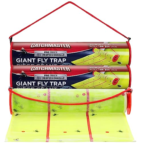 Giant Fly Glue Trap by Catchmaster - 3 Packs 30 Feet Each Pre-Baited, Ready to Use Indoors & Outdoors. Bug Insect Infestation Sticky Adhesive Scented Green Color Barn Paper Sheet Disposable Non-Toxic