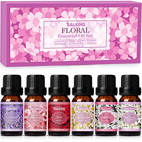 SALKING Floral Essential Oils Set, Premium Pure and Natural Essential Oils, Fragrance Oil Scented Oils for Oil Diffusers 6 x 10 ML - Lavender, Rose, Jasmine, Cherry Blossom, Gardenia, Chamomile