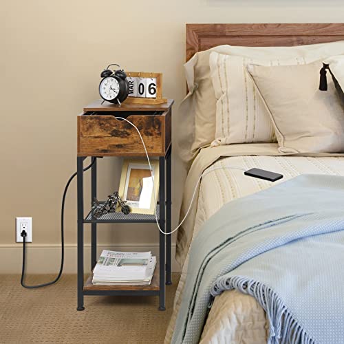 NORCEESAN Nightstand with Charging Station 3 Tier Industrial End Table with USB Ports and Outlet, Sofa Side Table with Storage Shelves Living Room Sofa Bedside Stand Square Coffee Table, Rustic Brown