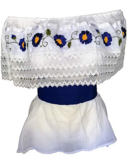 Jacq&Júrgen White Off Shoulder Loose Blouse Authentic Embroidered Ruffle Handmade in Oaxaca with Waist Red Belt, Blue, One Size