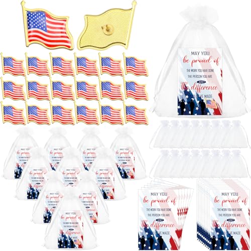 Sasylvia 150 Pcs American Flag Lapel Pin Bulk with Inspirational Card Organza Bag for Veterans Day Decoration Military USA Flag Pins