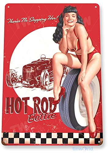 Tinworld Tin Sign Betty Page Retro Hot Rod Pin-Up Girl Auto Shop Garage Metal Sign Decor A245