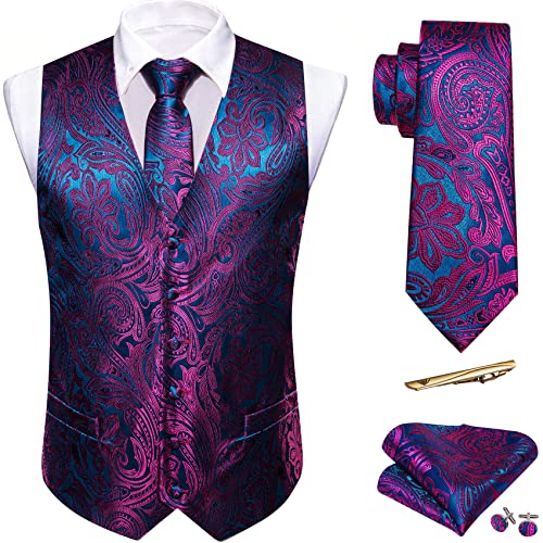 Barry.Wang Men Purple Blue Paisley Dress Vest Matched Tie Set Suit Waistcoat Formal Wedding 5PCS