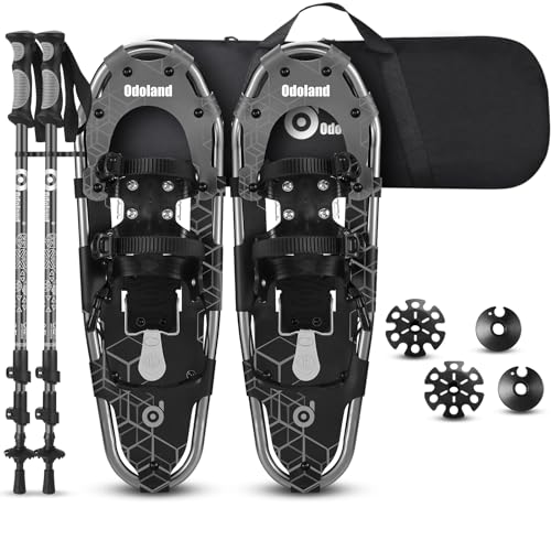 Odoland 3-in-1 Snowshoes Set for Men Women Youth Kids with Trekking Poles, Carrying Tote Bag, Light Weight Aluminum Alloy Terrain Snow Shoes, Grey and Black, Size 30''