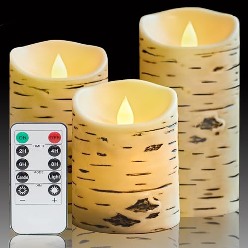 Comenzar Flameless Candles Birch Bark Candle LED Candles Birch Grain Candles(H: 456' x D: 3.25') Electric Candle Faux Candles with Remote Timer Pack 3