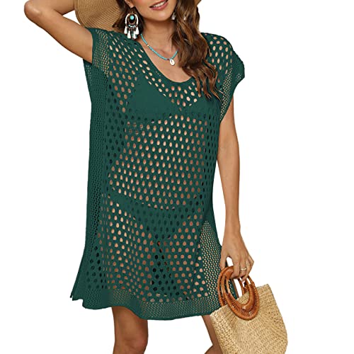 hhchenyulemon Women Hollow Out Bikini Cover Ups Dress Sleeveless Beach Cover Up Mini Dress Swimwear Sunscreen Cutout Blouses (A-Dark Green, One Size)