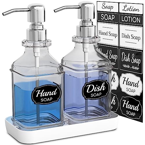 LMQML Soap Dispenser - 2 Pack, Antique Design Thick Glass Hand Soap Dispensers with Sturdy Tray; 304 Rust Proof Stainless Steel Silver Pump, 12Pcs Stickers, for Kitchen, Bathroom