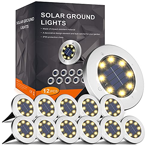 INCX 8 LED Garden Lights Solar Powered,Disk Lights Waterproof In-Ground Outdoor Landscape Lighting for Patio Pathway Lawn Yard Deck Driveway Walkway,Warm White 12 Packs