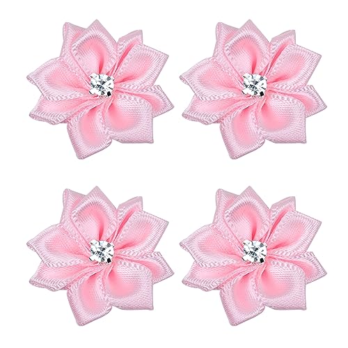 YAKA 60pcs Pink Satin Ribbon Flowers Bows Rose w/Rhinestone Appliques Craft Wedding Ornament 1.1inch