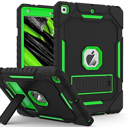 ZoneFoker Case for iPad 9th/8th/7th Generation 2021/2020/2019(10.2 inch), Heavy Duty Military Grade Shockproof Rugged Protective 10.2' Cover with Built-in Stand for iPad 9 8 7 Gen (Black+Green)
