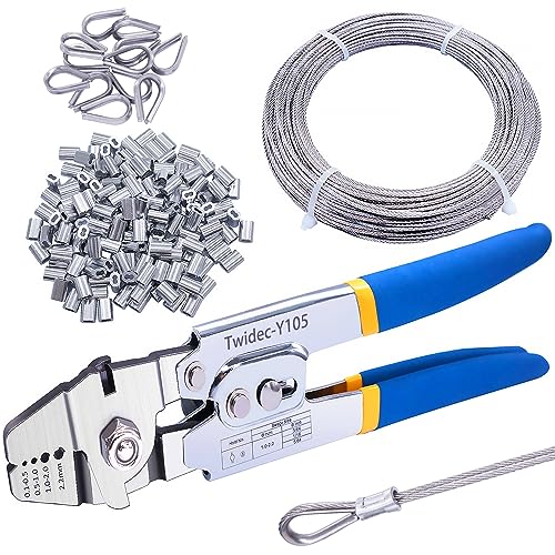 Twidec/Wire Rope Crimping Tool Up To 2.2mm Swaging Tool With 160PCS 1/16''Aluminum Crimping Loop Sleeve And 66FT 1/16'' 304 stainless steel Wire Rope 12PCS Wire Rope Thimbles Kit N-022-4K