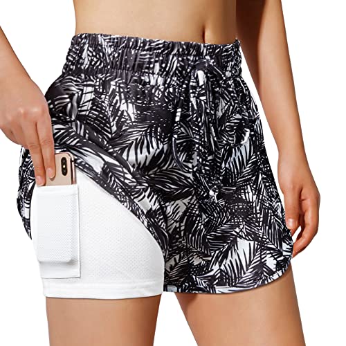 Blevonh Shorts for Women with Lining,Ladies Lighterweight Quick Dry Excersize Workout Short with Boyshorts Womens Classy Print Lounging Gym Running Outfits Black Leaves M
