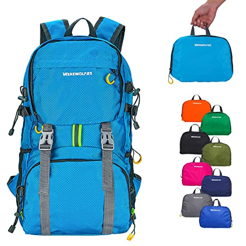 WEREWOLVES Lightweight Waterproof Foldable Small Backpack - Water Resistant Hiking Daypack for Outdoor Camping Travel (20L, Light Blue)