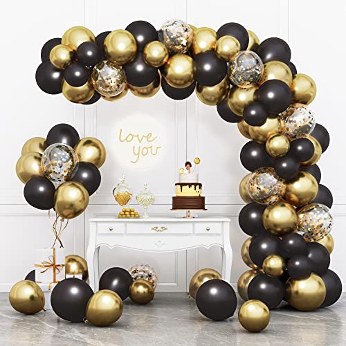 RUBFAC Black and Gold Balloons Garland Arch Kit with Black Gold Confetti Balloons for Graduation Birthday Wedding Party Decorations