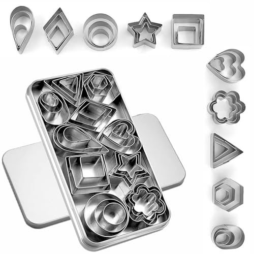 30Pcs Mini Cookie Cutter Set with Box, Small Stainless Steel Veggie Cutters, Polymer Clay Cutters for Kids, Geometric Set for Biscuit Cutter, Tiny Fruit Cutter