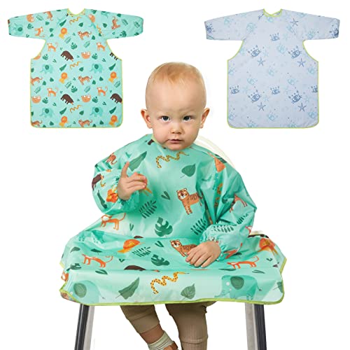 Lictin Coverall Baby Feeding Bibs - 2-Pack Long Sleeve Baby Bibs for Eating, Adjustable Weaning Bibs, Waterproof Bib Attaches and Fully Cover to Baby Highchair and Table