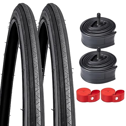 YunSCM 27' Road Bike Tires 27x1 1/4 (32-630) and 27' Bike Tubes Schrader Valve and 2 Rim Strips Compatible with 27 x 1 1/4 27 x 1 1-4 Bike Tires and Tubes(YW055)