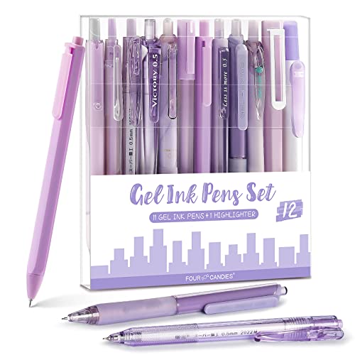 Four Candies 12Pack Pastel Gel Ink Pen Set, 11 Pack Black Ink Pens with 1Pack Highlighter for Writing, Retractable 0.5mm Fine Point Cute Note Taking Pens for School Office (Purple)