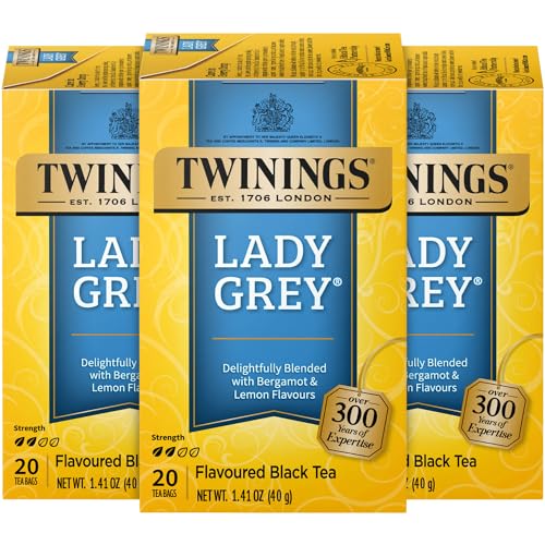 Twinings Lady Grey Tea - A Fresh, Uplifting Black Tea with Orange Peel, Lemon Peel, and Natural Citrus Flavours, Caffeinated Tea Bags, Individually Wrapped, 20 Count (Pack of 3)