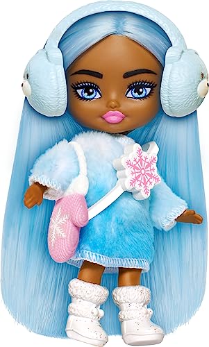 Barbie Extra Mini Minis Travel Doll with Blue Hair, Ombre Sweater Dress, Pastel Earmuffs, Snow Boots & Snow Accessories