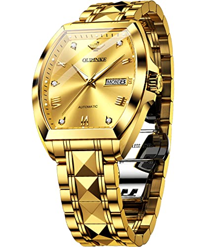 OUPINKE Men's Luxury Gold Watches Automatic Mechanical Unique Tonneau Sapphire Crystal Tungsten Steel Date Waterproof Luminous Dress Wrist Watches