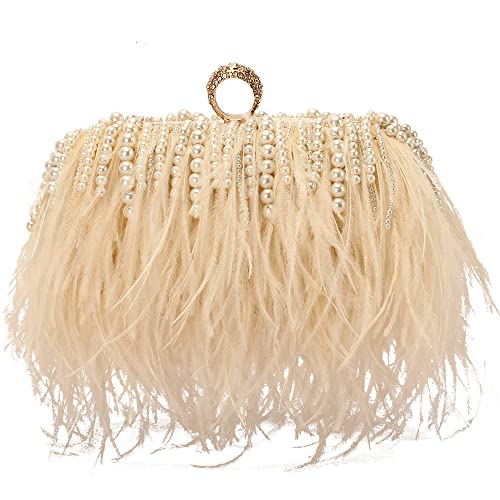 Women Real Natural Ostrich Feather Evening Bags Purses Clutch Vintage Banquet Handbag (champange with pearl)