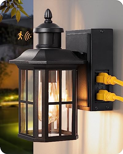EDISHINE Outdoor Wall Light Fixture with GFCI Outlet, Motion Sensor Porch Light for House, Dusk to Dawn Exterior Wall Mount Sconce, Waterproof Outside Lamp Lantern for Patio Garage, Black