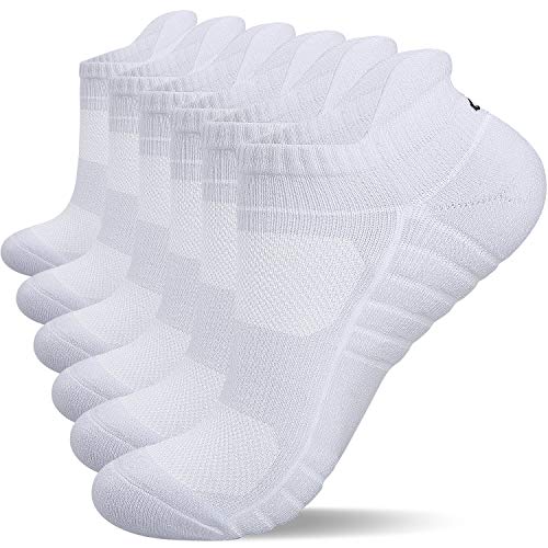 Lapulas Athletic Ankle Socks, Low Cut Cushioned Anti-Blister Running Tab Sports Socks for Men and Women 6Pairs (White, S)
