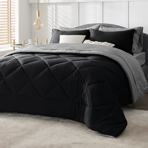 Bedsure Black Comforter Set Queen - 7 Pieces Reversible Black Bed in a Bag with Comforters, Sheets, Pillowcases & Shams, Queen Black Bed Set