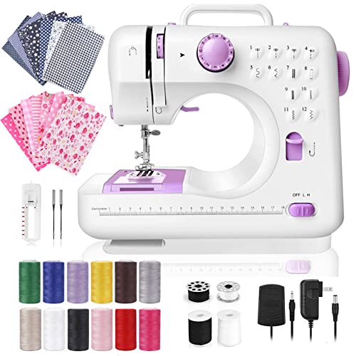 Dechow Sewing Machine for Beginners, Electric Mini Portable, 12 Built-in Stitches with Reverse Sewing, 2 Speeds Double Thread with Foot Pedal, Floral Cotton Fabric and Sewing Threads Set(Purple)