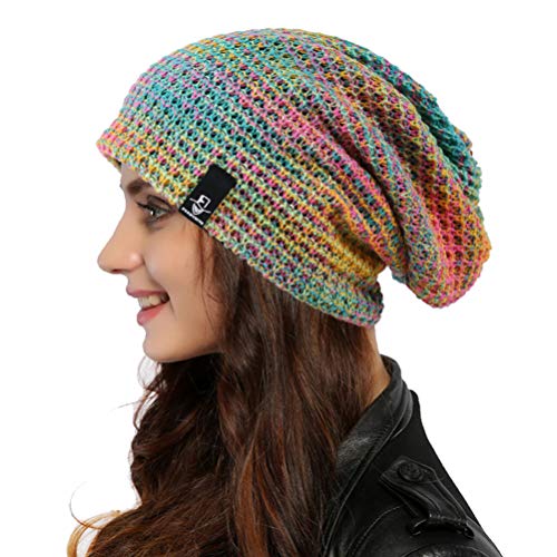 Ruphedy Women Slouchy Beanie Hat Knit Long Baggy Slouch Skull Cap for Winter (B08w-Blue/Confetti)