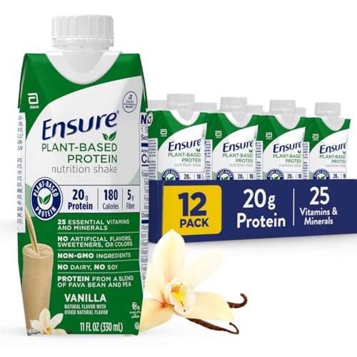 Ensure 100% Plant-Based Vegan Protein Nutrition Shakes with 20g Fava Bean and Pea Protein, Vanilla, 11 fl oz,(Pack of 12)
