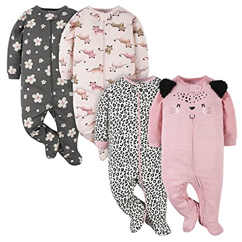 Gerber Baby Girls 4 Pack Sleep 'N Play Footie Leopard Pink Newborn
