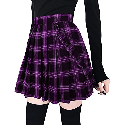 chouyatou Women's Cool Sweet A-Line Decorative Strap Plaid Pleated Mini Skirt (Medium, Purple)