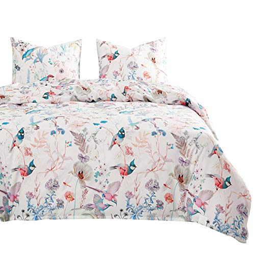 Wake In Cloud - Bird Comforter Set, Colorful Floral Flowers Leaves Botanical Plant Pattern Printed on White, Soft Microfiber Bedding (3pcs, Twin Size)