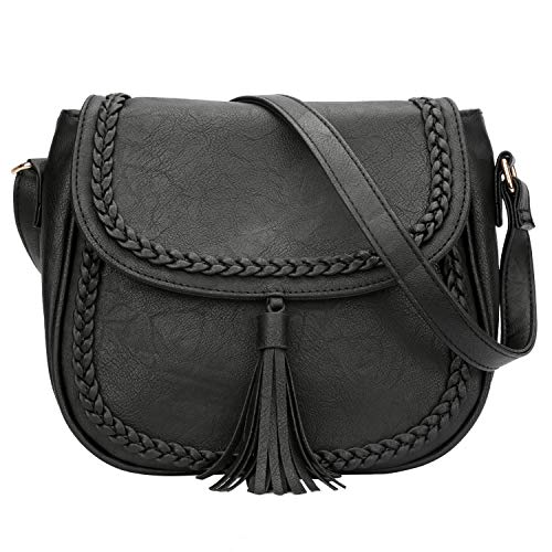 KKXIU Casual Flap Saddle Crossbody Bags for Women Purses and Handbags with Tassel (Z-Black)