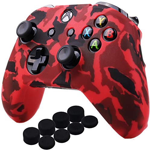 YoRHa Water Transfer Printing Camouflage Silicone Cover Skin Case for Microsoft Xbox One X & Xbox One S Controller x 1(red) with PRO Thumb Grips x 8