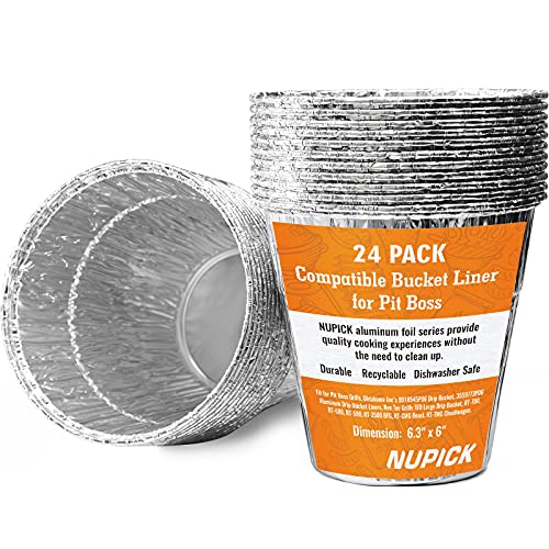 NUPICK 24 Pack Grease Bucket Liner Compatible for Pit Boss Grills 67292 Foil, Oklahoma Joe's 9518545P06, Z Grill Bucket, Recteq Large Bucket, etc. 6.3” x 6.0”, Disposable Aluminum