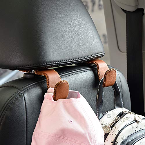 Car Hooks Universal Car Vehicle Back Seat Headrest Hanger Holder Hook Microfiber Leather & Stainless Steel for Bag Purse Cloth Drink Grocery (Brown)