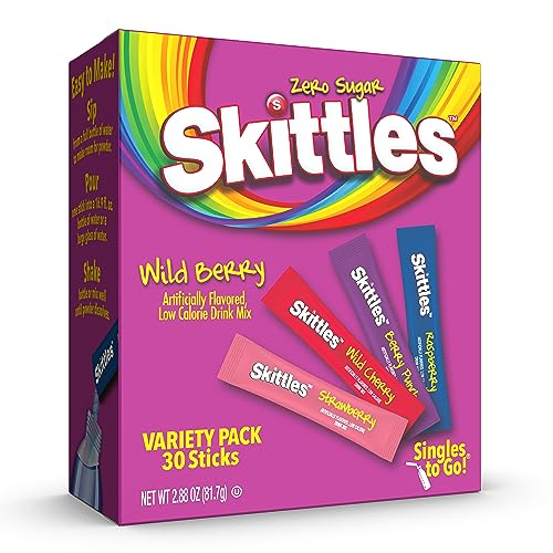 Skittles Singles To Go Wild Berry Variety Pack, Watertok Powdered Drink Mix, Zero Sugar, Low Calorie, Includes 4 Wild Berry Flavors, 1 Box (30 Single Servings)