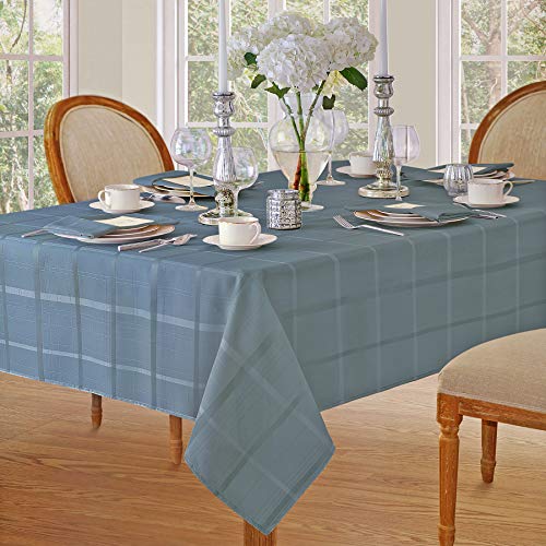Newbridge Elegance Plaid Fabric Tablecloth, 100% Polyester, No Iron, Soil Resistant Tablecloth, 60 Inch x 120 Inch Oblong/Rectangle, Shadow Blue