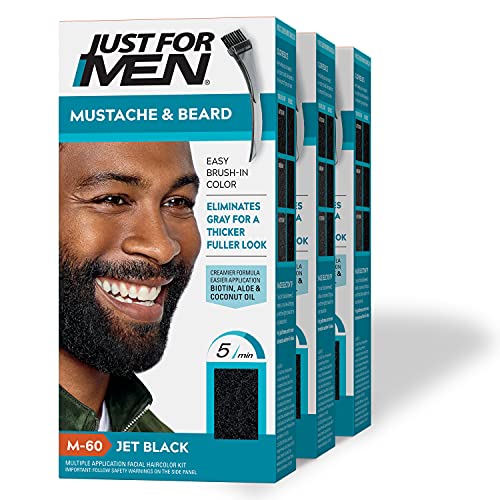 Just For Men Mustache & Beard, Beard Dye for Men with Brush Included for Easy Application, With Biotin Aloe and Coconut Oil for Healthy Facial Hair - Jet Black, M-60, Pack of 3