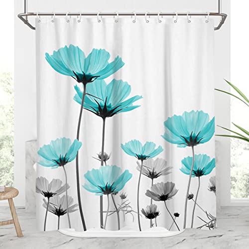 AAtter Teal Flower Shower Curtain Blue and Grey Daisy Wild Floral Plant Black Turquoise Aqua Galsang Bathroom Curtains Waterproof Fabric Polyester Accessories (W60''xH72'') 12 Hooks Included